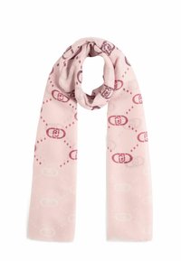 Sciarpa rosa in tessuto morbido, caratterizzata da un motivo geometrico ripetuto in tonalità più scure, con una texture liscia e bordi rifiniti.