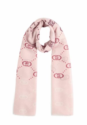 Sciarpa rosa in tessuto morbido, caratterizzata da un motivo geometrico ripetuto in tonalità più scure, con una texture liscia e bordi rifiniti.