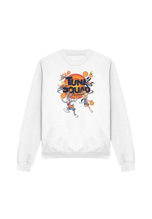 White sweatshirt featuring animated characters Bugs Bunny, Lola Bunny, and others playing basketball around "Tune Squad" text with an orange sun background.