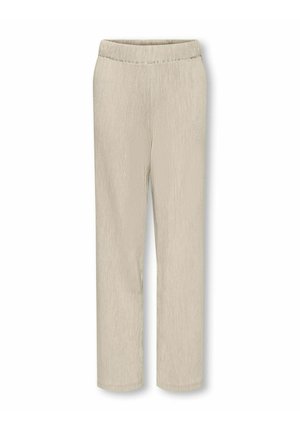 Beige teksturerede elastiske bukser med lige ben, uden synlige lommer eller pynt på hvid baggrund.