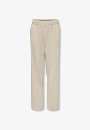 Pantalones beige con cintura elástica texturizada y pierna recta, sin bolsillos visibles ni adornos sobre un fondo blanco.