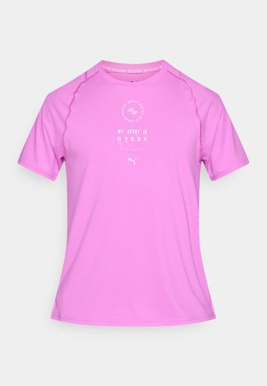 Pink short-sleeve athletic shirt with breathable texture, featuring a round neck and printed white graphics stating, "MY SPORT IS HYROX."