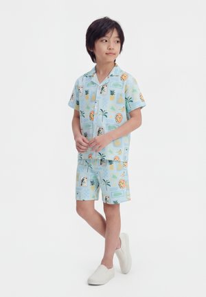 Ragazzo in piedi, indossa una camicia azzurra a maniche corte con bottoni e pantaloncini abbinati con stampa tropicale, scarpe slip-on bianche, su sfondo bianco.