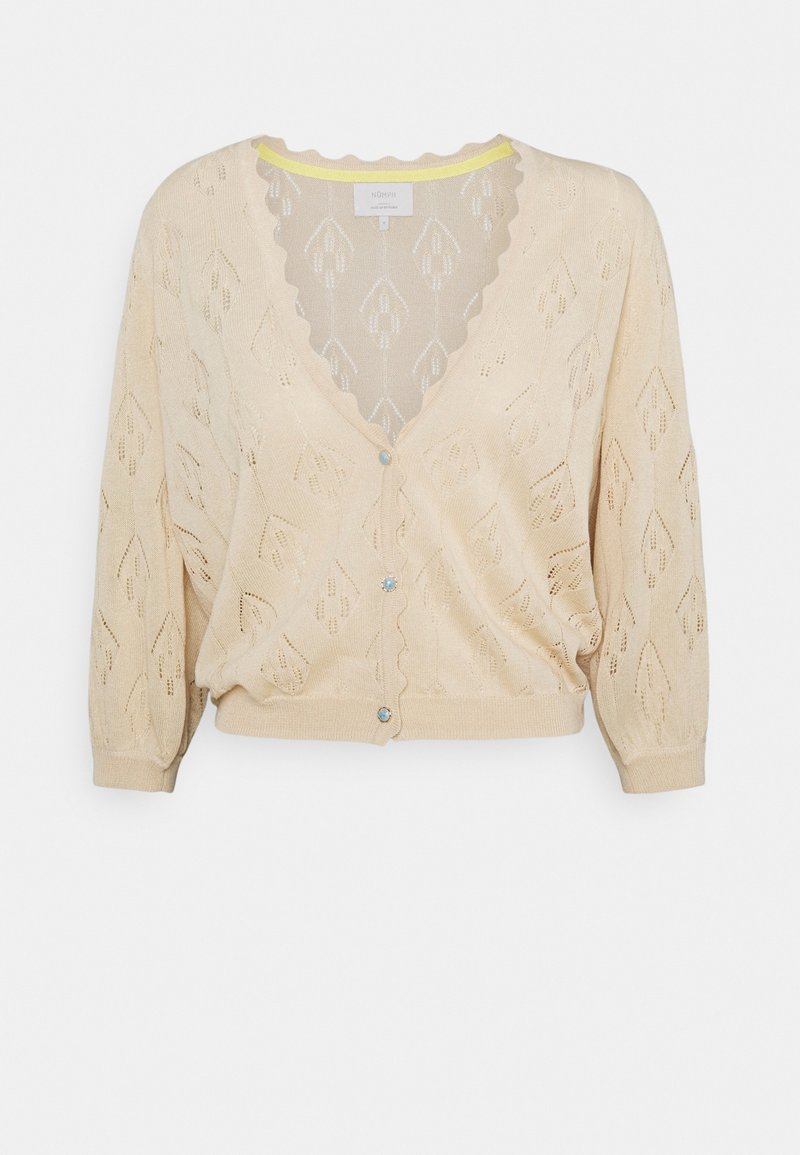 Beige knitted cardigan with a textured diamond pattern, scalloped neckline, and three blue front buttons. Short, puffy sleeves.