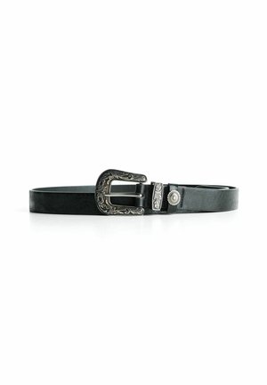 Black leather belt with ornate silver buckle and decorative metal loop and button, laid flat on white background.