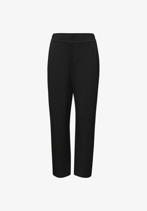 Pantalon noir à jambes droites avec taille élastique, sans poches visibles ni ornements, présenté sur fond blanc.