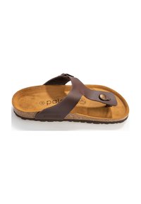 Bruna läder flip-flop sandal med en texturerad korkinlägg, märkt 'palado', och en kontrasterande brun gummi sula. Har en dekorativ knappdetalj.
