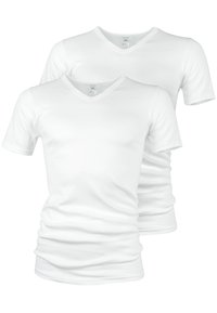 White cotton V-neck t-shirts, short sleeves, smooth texture, fitted design, two-pack. No visible patterns or hardware.