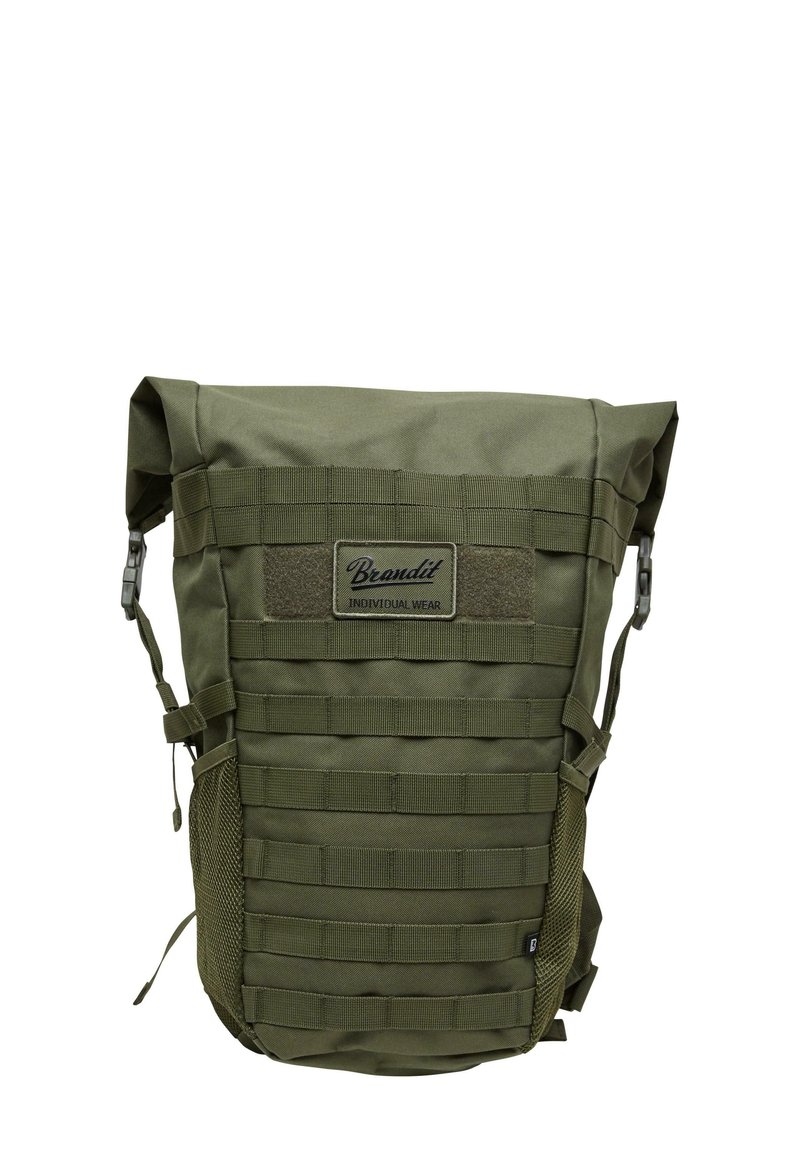 Olivgrön ryggsäck med rulltoppsdesign och justerbara remmar, texturerad tyg och webbband för fästen. Har en märkespatch på framsidan.