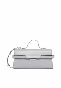 Borsa a mano in pelle grigia con design strutturato, manico superiore, tracolla removibile e dettagli in metallo argentato. Texture liscia con minimi dettagli.