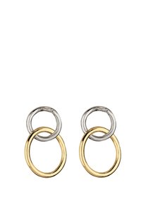 Guld- og sølvøreringe med hoops, der har indbyrdes sammenkoblede ringe, med en poleret overflade og glat tekstur. Bemærkelsesværdigt dual-tone design.