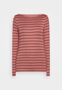 Långärmad topp i rosa med bruna horisontella ränder. Mjuk, elastisk tyg med båthals och figursydd silhuett.