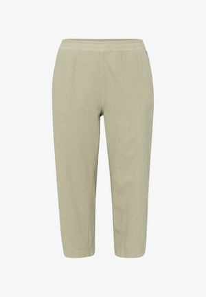 Lichtbeige cropped broek met elastische taille, rechte snit en zonder zichtbare zakken of versieringen.