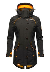 Black waterproof jacket with orange accents, featuring a high collar, button closure, two front pockets, and a smooth texture.