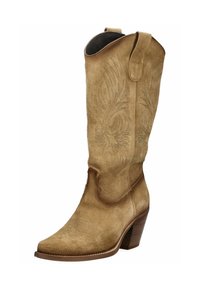 Stivale da cowboy in suede tan con design floreale ricamato, punta affusolata e tacco impilato. Presenta un manico nella parte superiore per una facile indossabilità.