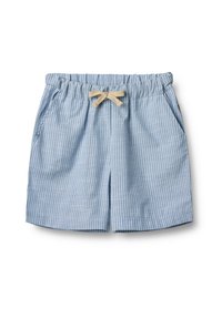 Randiga blå shorts med elastiskt midjeband och beige snörning. Har två sidofickor och ett mjukt, lätt material.