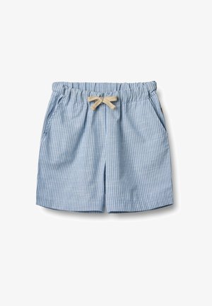 Paski niebieskie szorty z elastycznym paskiem w talii i beżowym sznurkiem. Oferują dwie kieszenie boczne oraz miękki, lekki materiał.