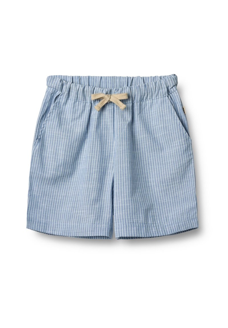 Randiga blå shorts med elastiskt midjeband och beige snörning. Har två sidofickor och ett mjukt, lätt material.