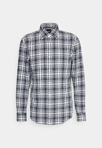 Chemise pour homme à manches longues avec boutons, à motif à carreaux noir, blanc et gris, avec col pointu.