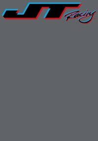 Sort og rød "JT Racing" logo med blå accenter på en grå baggrund. Teksten har en fed skrifttype og en kursiv detalje for "Racing".
