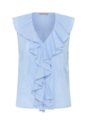 helehall sinine varrukateta pluus sügava V-kaeluse ja esiosast ning õlgadest alla langevate volangiliste detailidega.