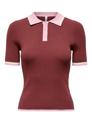 Polo à manches courtes côtelé en bordeaux avec col rose clair, patte de boutonnage, ainsi que bordures des manches et de l'ourlet.