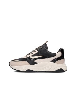 Black, beige, and gray sneaker with a mix of smooth and textured materials, featuring a chunky sole, rounded toe, and patterned accents.