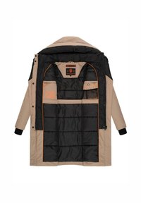 Parka beige à l'extérieur avec doublure noire. Caractéristiques : design rembourré, fermetures éclair et boutons-pression, et accents orange. Comprend deux poches intérieures.