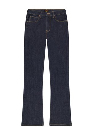 Σκούρο μπλε τζιν με ίσια πόδια, πέντε τσέπες, κίτρινη ραφή και κλείσιμο με κουμπιά, με ετικέτα της μάρκας Lee στη μέση.