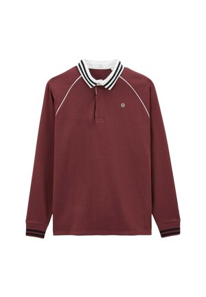Polo à manches longues bordeaux en coton, avec un col rayé blanc et noir, une patte de boutonnage à trois boutons et un logo brodé.