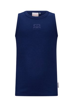 Mouwloos marineblauw geribbeld tanktop met ronde hals en klein reliëflogo "Retour Jeans" op de borst.