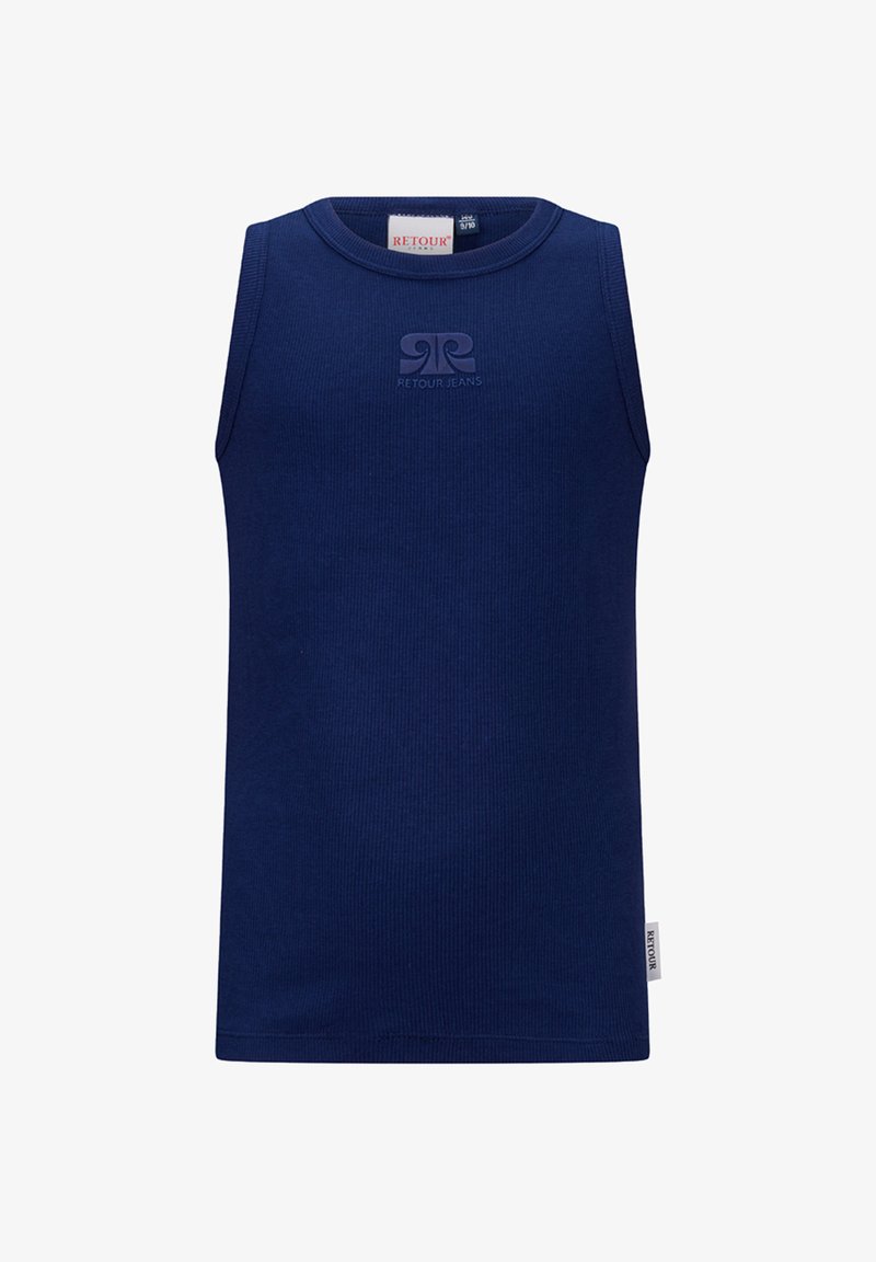 Mouwloos marineblauw geribbeld tanktop met ronde hals en klein reliëflogo "Retour Jeans" op de borst.
