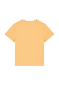 T-shirt jaune à manches courtes avec un col rond et une texture lisse. Le dos est uni sans graphiques ni embellissements.