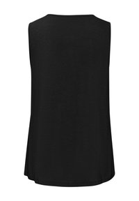 Black sleeveless top with a rounded neckline. Soft, smooth fabric with a loose fit and slight A-line shape. No visible patterns or accents.