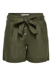 Shorts vert olive en tissu léger avec ceinture à nouer, dotés d'une taille haute, de quatre boutons et de poches avant.