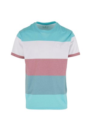 Kokvilnas T-krekls ar horizontāliem svītrām gaiši zilos, baltos un rozā toņos, ar mazu lapas logotipu uz krūtīm un apaļu izgriezumu.