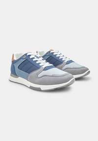 Sport shoes featuring a combination of navy blue, light gray, and turquoise materials, with a textured suede finish and white laces.