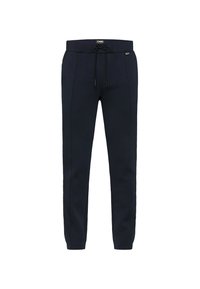 Navy jogger pants made of soft fabric, featuring an elastic waistband with a drawstring, side pockets, and tapered legs.