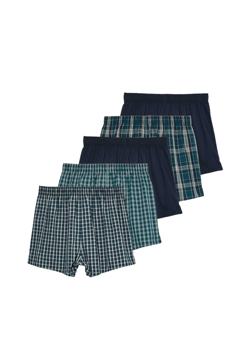 Cinco pares de calzoncillos de hombre: dos en color liso navy y tres con estampado de cuadros en verde, azul verdoso y navy. Tela suave con una cinturilla elástica.