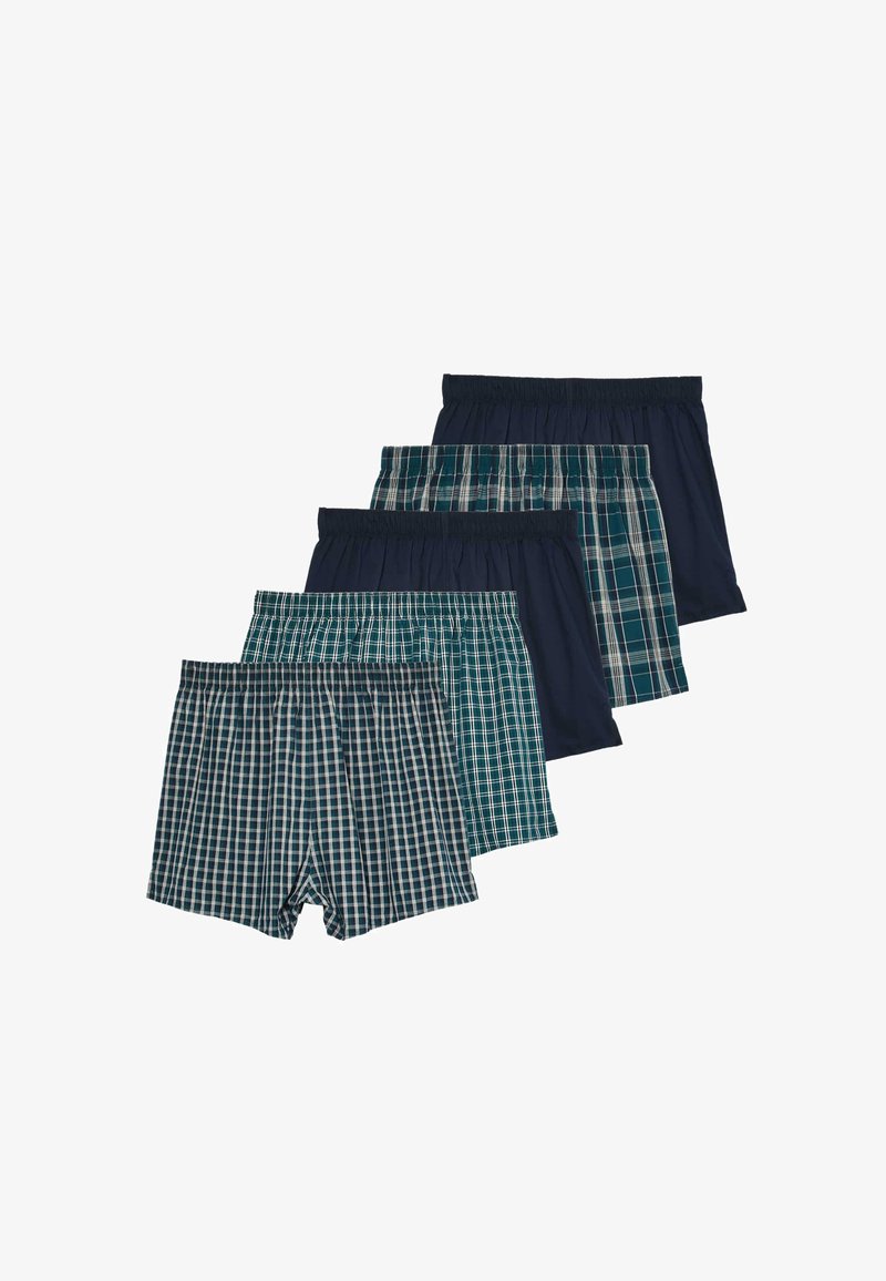 Cinco pares de calzoncillos de hombre: dos en color liso navy y tres con estampado de cuadros en verde, azul verdoso y navy. Tela suave con una cinturilla elástica.