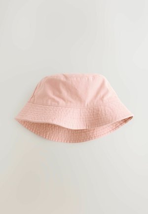 Roze emmerhoed van gestructureerde stof, met een brede rand en naadloze kroon, geschikt voor casual kleding.