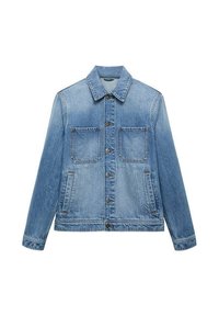 Jachetă din denim albastru deschis, cu guler clasic, închidere cu butoane în față, două buzunare pe piept și buzunare laterale, având detalii de cusătură.