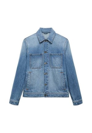 Svetlo modra jeans jakna s klasičnim ovratnikom, sprednjim gumbom, dvema žepoma na prsih in stranskimi žepi, z detajli šivanja.