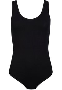 Zwarte badpak met een ronde halslijn, smalle schouderbandjes en een gladde stof. Heeft minimale stiksels langs de randen.
