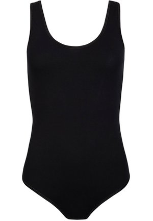 Zwarte badpak met een ronde halslijn, smalle schouderbandjes en een gladde stof. Heeft minimale stiksels langs de randen.