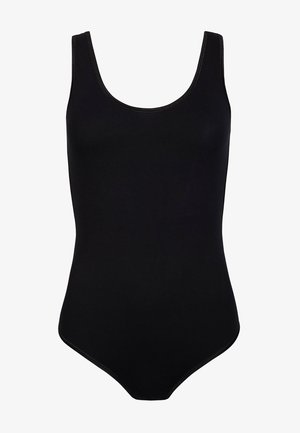 Schwarzer einteiliger Badeanzug mit Rundhalsausschnitt, schmalen Trägern und glattem Stoff. Besitzt minimale Nähte an den Kanten.