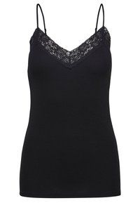 Top in cotone nero a costine con spalline regolabili e scollatura a V in pizzo. Il tessuto è liscio e aderente.