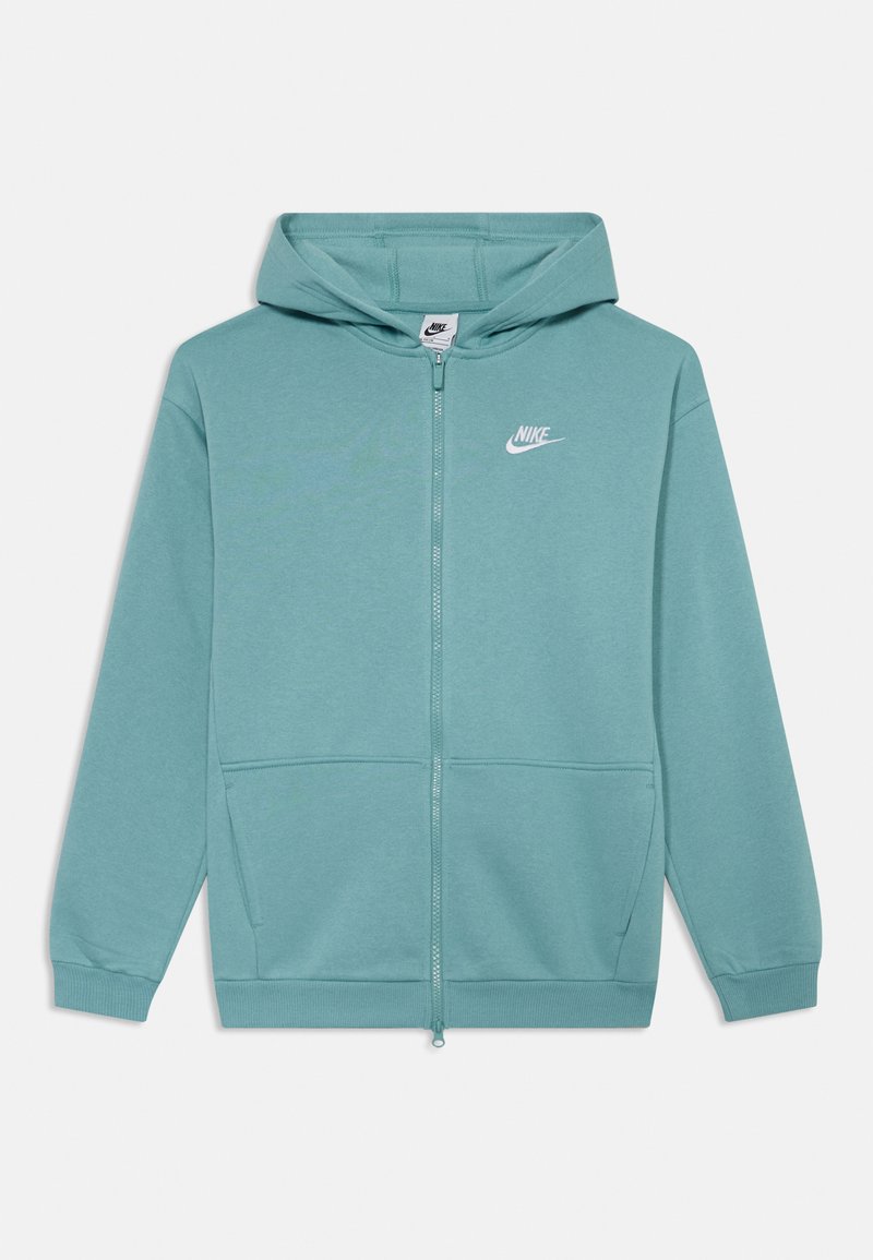Sweatshirt azul-petróleo com fecho éclair frontal, bolsos canguru e um logótipo branco da Nike no lado superior esquerdo do peito; feito de um material suave e texturizado.