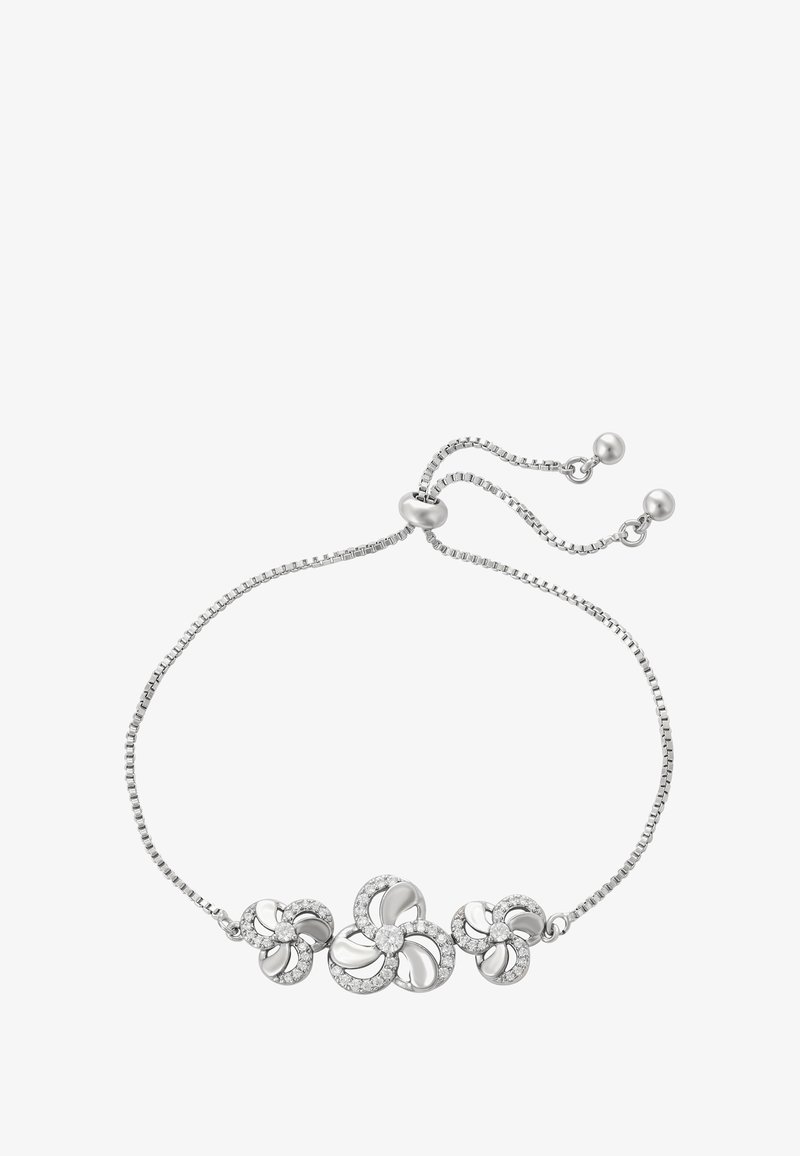 Sidabrinė apyrankė su trimis gėlių motyvais, kiekvienas su poliruotu paviršiumi ir įmontuotais skaidriais akmenimis, reguliuojama grandinelė su slystančia uždarymo detale.