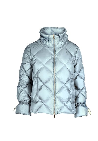 Light blue quilted puffer jacket with a high collar, central zipper closure, and elasticized cuffs. Textured diamond pattern throughout.